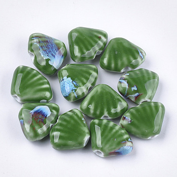 Handmade Porcelain Beads, Fancy Antique Glazed Porcelain, Fan, Green, 18x22.5~23.5x8.5~9.5mm, Hole: 2.5~3mm