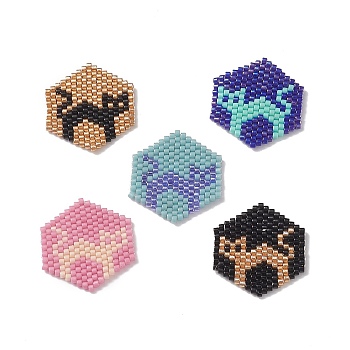 Handmade Japanese Seed Beads, Loom Pattern, Hexagon with Cat Pattern, Mixed Color, 23x22.5x2mm
