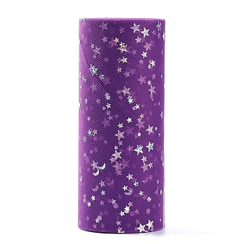 Glitter Sequin Deco Mesh Ribbons, Tulle Fabric, Tulle Roll Spool Fabric For Skirt Making, Moon & Star Pattern, Medium Orchid, 6 inch(15cm), about 25yards/roll(22.86m/roll)