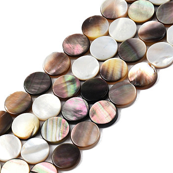 Natural Black Lip Shell Beads Strands, Flat Round, 12x2.5~3mm, Hole: 0.7mm, about 33pcs/strand, 15.28 inch(38.8cm)