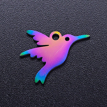 Ion Plating(IP) 304 Stainless Steel Charms, Hummingbird, Rainbow Color, 13x15x1mm, Hole: 1.5mm