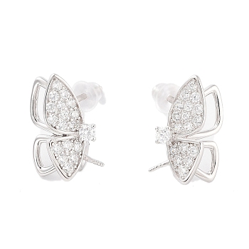 925 Sterling Silver with Cubic Zirconia Stud Earrings Findings, Butterfly, Real Platinum Plated, 13.5x6.5mm, Pin: 0.6x11mm and 0.6mm