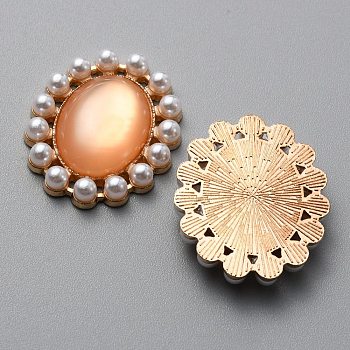 Cat Eye Cabochons, with Alloy Finding and Plstic Imitation Pearl Beads, Oval, Sandy Brown, 27.5x23x5mm