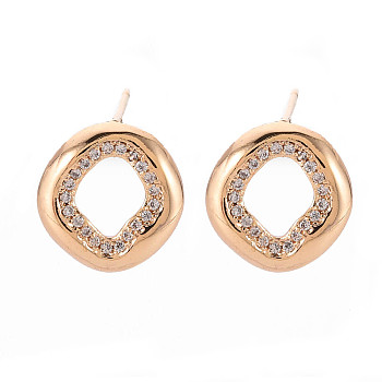 Brass Micro Pave Clear Cubic Zirconia Stud Earrings Findings, with Loop, Nickel Free, Oval, Real 18K Gold Plated, 12.5x12mm, Hole: 1.2mm, Pin: 0.8mm