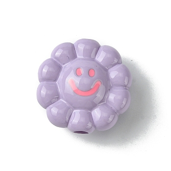 Dopamine Style Opaque Acrylic Beads, Flower with Smiling, Lilac, 23.5x24x11.5mm, Hole: 3.5mm