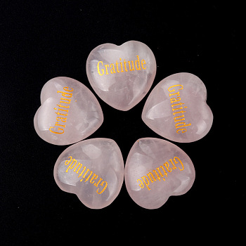 Natural Rose Quartz Display Decorations, Home Decoration, Heart with Word Gratitude, 30x30x13mm