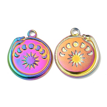 304 Stainless Steel Pendants, Flat Round with Snake & Moon Phases Charm, Rainbow Color, 23x20.5x2mm, Hole: 2mm