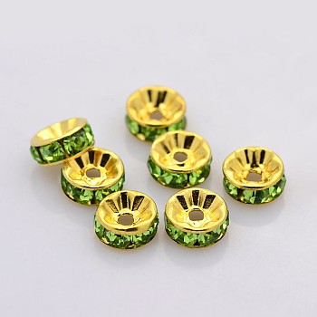 Brass Rhinestone Spacer Beads, Grade A, Straight Flange, Golden Metal Color, Rondelle, Peridot, 8x3.8mm, Hole: 1.5mm