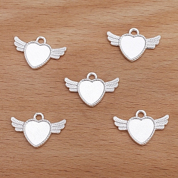 Alloy Pendant, Heart with Wing, Silver, 14x22mm
