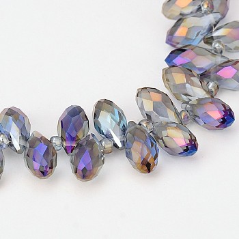 Electroplate Glass Beads Strands, Top Drilled Beads, Faceted Teardrop, Full Rainbow Plated, Purple, 12x6mm, Hole: 1mm, about 100pcs/strand, 15.7 inch