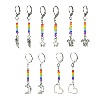 Glass Seed & Alloy Dangle Leverback Earrings, with 304 Stainless Steel Earrings Pins, Mixed Shapes, Colorful, 54~59x5~13.5mm