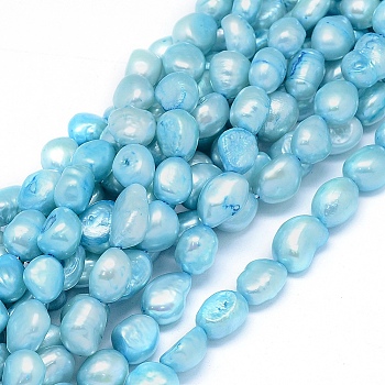 Dyed Natural Cultured Freshwater Pearl Beads Strands, Oval, Sky Blue, 10~15x6~10mm, Hole: 0.8mm, about 30~34pcs/strand, 14.1 inch(36cm)