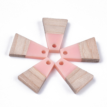 Resin & Wood Pendants, Trapezoid, Pink, 18x12.5x3~4mm, Hole: 2mm