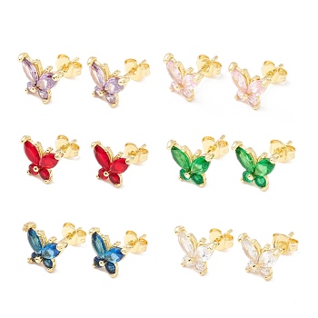 Brass Micro Pave Cubic Zirconia Stud Earring, Real 18K Gold Plated, Butterfly, Mixed Color, 8x9.5mm, Pin: 1mm