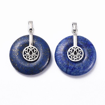 Natural Lapis Lazuli Pendants, with Platinum Tone Brass Findings, Donut/Pi Disc with Lotus, 35.5x30x8.5~9.5mm, Hole: 4.5x6.5mm