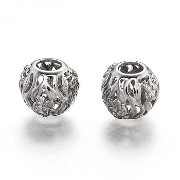 304 Stainless Steel European Beads, Large Hole Beads, Hollow, Rondelle with Flower, Stainless Steel Color, 13x11mm, Hole: 5.5mm