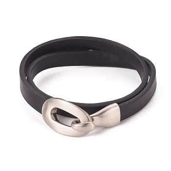 Imitation Leather Wrap Bracelets, 2-Loops, with Alloy Clasps, Oval, Platinum, Black, 15-1/8 inch(38.7cm), 8x2.5mm