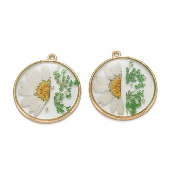 Epoxy Resin Pendants, with Alloy Findings and Dried Flower Inside, Flat Round, White, 32.5x29.5x3mm, Hole: 1.8mm