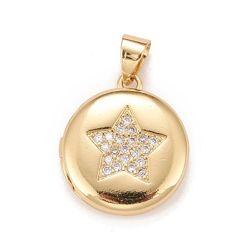 Brass Micro Pave Cubic Zirconia Locket Pendants, Photo Frame Charms for Necklaces, Real 18K Gold Plated, Lead Free & Cadmium Free, Flat Round with Star, Clear, 18.5x16x4.5mm, Hole: 4mm, Inner Diameter: 11mm