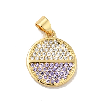Brass Micro Pave Cubic Zirconia Pendants, Cadmium Free & Lead Free, Long-Lasting Plated, Flat Round, Real 18K Gold Plated, Medium Purple, 17.5x15x2mm, Hole: 3.5x3mm