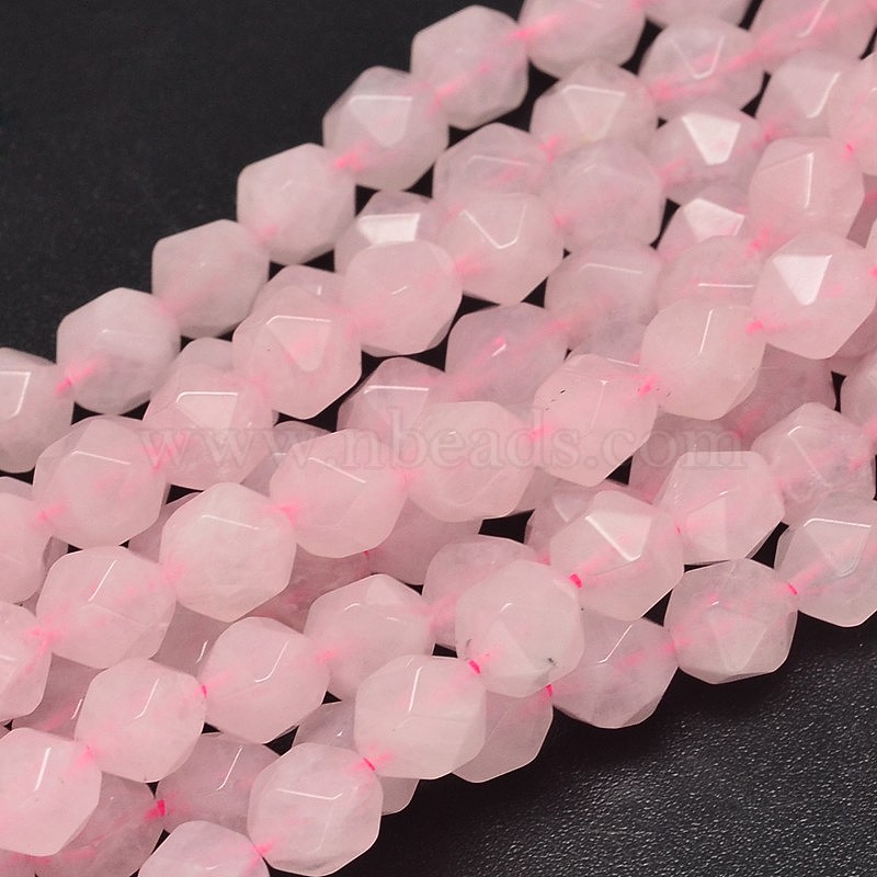 Faceted Natural Rose Quartz Beads Strands, Star Cut Round Beads, 8x7mm,  Hole: 1mm, about 49pcs/strand, 15.7 inch