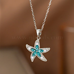 Ocean Brass Pave Turquoise Cubic Zirconia & Imitation Pearl Starfish Pendant 304 Stainless Steel Cable Chain Necklaces for Women, Silver, 15.75 inch(40cm)(WGB0B07-02)