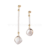 Shell Pearl Stud Earrings, Long Beads Chain Drop Asymmetrical Earrings for Women, Golden, 53~80mm, Pin: 1mm(EJEW-TA00043)