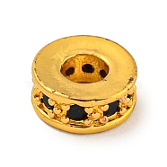 Brass Micro Pave Black Cubic Zirconia Beads, Flat Round, Real 18K Gold Plated, 7x2.5mm, Hole: 3mm(KK-G493-43G)