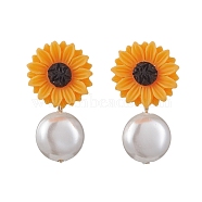 Natural Pearl & Resin Sunflower Stud Earrings, with 304 Stainless Steel Pins, Orange, 29x16.5mm(EJEW-JE05693-02)
