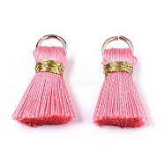 Handmade Polycotton(Polyester Cotton) Tassel Decorations, Pendant Decorations, with Golden Iron Loops, Hot Pink, 17~21x10x5mm, Jump Ring: 6x0.7mm, Inner Diameter: 4.6mm(FIND-R092-04)