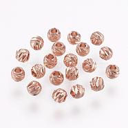 Carved Brass Beads, Long-Lasting Plated, Round, Real Rose Gold Plated, 3.5~4x3mm, Hole: 2mm(KK-G312-02RG-4mm)