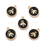 Alloy Enamel Charms, Light Gold, Flat Round with Bee, Black, 14~14.5x11.5x3.5mm, Hole: 1.6mm(ENAM-G205-01KCG-03)