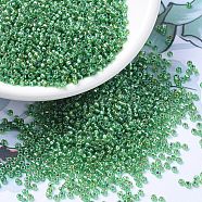 MIYUKI Round Rocailles Beads, Japanese Seed Beads, 11/0, (RR1015) Silverlined Light Green AB, 2x1.3mm, Hole: 0.8mm, about 1111pcs/10g(X-SEED-G007-RR1015)
