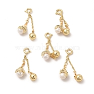 Brass Spring Ring Clasps with Natural Pearl Round Ornament, Round Ball Charms, Real 14K Gold Plated, 37mm, Pearl Beads: 11x8x7mm, Beads: 7x6mm(KK-I697-11G)