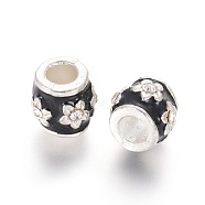 Alloy Enamel European Beads, with Grade A Rhinestones, Large Hole Beads, Barrel, Silver Color Plated, Black, 9x9mm, Hole: 4.5mm(MPDL-R005-06)
