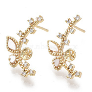 Brass Micro Pave Clear Cubic Zirconia Stud Earring Findings, with Acrylic, Real 18K Gold Plated, For Half Drilled Beads, Nickel Free, Flower with Butterfly, 20x12mm, Pin: 1mm, Pin: 0.8mm(For Half Drilled Beads)(KK-N230-03-NF)