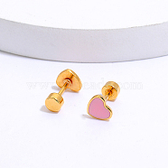 Heart Stainless Steel Stud Earring, with Enamel, Real 18K Gold Plated, Flamingo, 6x6mm(NR5432-05)