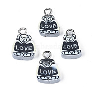 Handmade Polymer Clay Charms, with Platinum Tone Iron Loop, Bear with Word LOVE, Black, 13~14.5x9~11x4.5mm, Hole: 2mm(CLAY-S096-024)