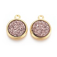 Resin Pendants, with Golden Tone Alloy Findings, Flat Round, Rosy Brown, 18x15x3.5~4mm, Hole: 1.8mm(RESI-F015-A05)