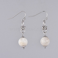 Natural White Moonstone Dangle Earrings, with 304 Stainless Steel Flower Bead Caps and 316 Surgical Stainless Steel Earring Hooks, 39mm, Pin: 0.6mm(EJEW-JE03934-05)