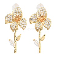 Brass Micro Pave Clear Cubic Zirconia Stud Earrings, Nickle Free, Flower, Real 18K Gold Plated, 27x14mm(EJEW-B058-06G)