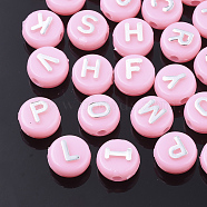 Plating Opaque Acrylic Beads, Metal Enlaced, Horizontal Hole, Flat Round with Letter, Pink, 10x6mm, Hole: 1.8mm, about 1580pcs/500g(MACR-T032-02F)