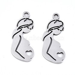 Non-Tarnish Mother's Day 201 Stainless Steel Pendants, Laser Cut, Pregnant Woman, Stainless Steel Color, 23x10x0.9mm, Hole: 1.6mm(X-STAS-S081-039)