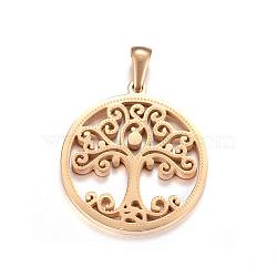 Ion Plating(IP) 304 Stainless Steel Pendants, Flat Round with Tree of Life, Golden, 27.5x25x2mm, Hole: 7x3mm(STAS-P063-07G)
