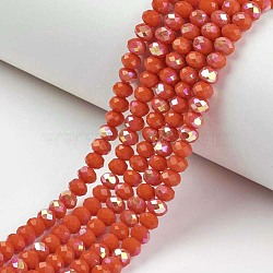 Electroplate Opaque Solid Color Glass Beads Strands, Half Rainbow Plated, Faceted, Rondelle, Orange Red, 8x6mm, Hole: 1mm, about 63~65pcs/strand, 39~40cm(EGLA-A034-P8mm-L03)