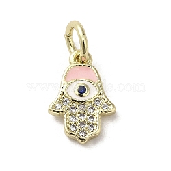 Brass Micro Pave Cubic Zirconia Charms, with Enamel, with Jump Ring, Real 18K Gold Plated, Hamsa Hand/Hand of Miriam with Evil Eye, Pink, 13x9x1.8mm, Hole: 3.8mm(KK-E092-25G-01)
