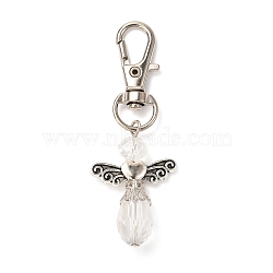 Faceted Teardrop Glass Pendants, with Faceted Glass Beads, Alloy Heart Beads & Swivel Lobster Claw Clasps, Iron Pins & Bead Caps, Angel, Clear, 63mm, Pendant: 34x23.5x9.5mm(HJEW-JM00536-01)