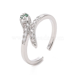 Green Cubic Zirconia Snake Open Cuff Ring, Brass Jewelry for Women, Platinum, Inner Diameter: 17.6mm(RJEW-I094-17P)