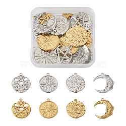 16Pcs 8 Style Rack Plating 304 Stainless Steel Pendants, Moon with Flower & Flat Round with Sun, Real Gold Plated & Stainless Steel Color, 29~30x25~26x2~3mm, Hole: 1.8~2mm, 2pcs/style(STAS-BY0001-13)