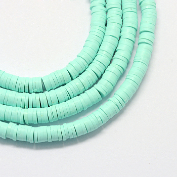 Handmade Polymer Clay Beads, Disc/Flat Round, Heishi Beads, Aquamarine, 6x1mm, Hole: 2mm, about 380~400pcs/strand, 17.7 inch